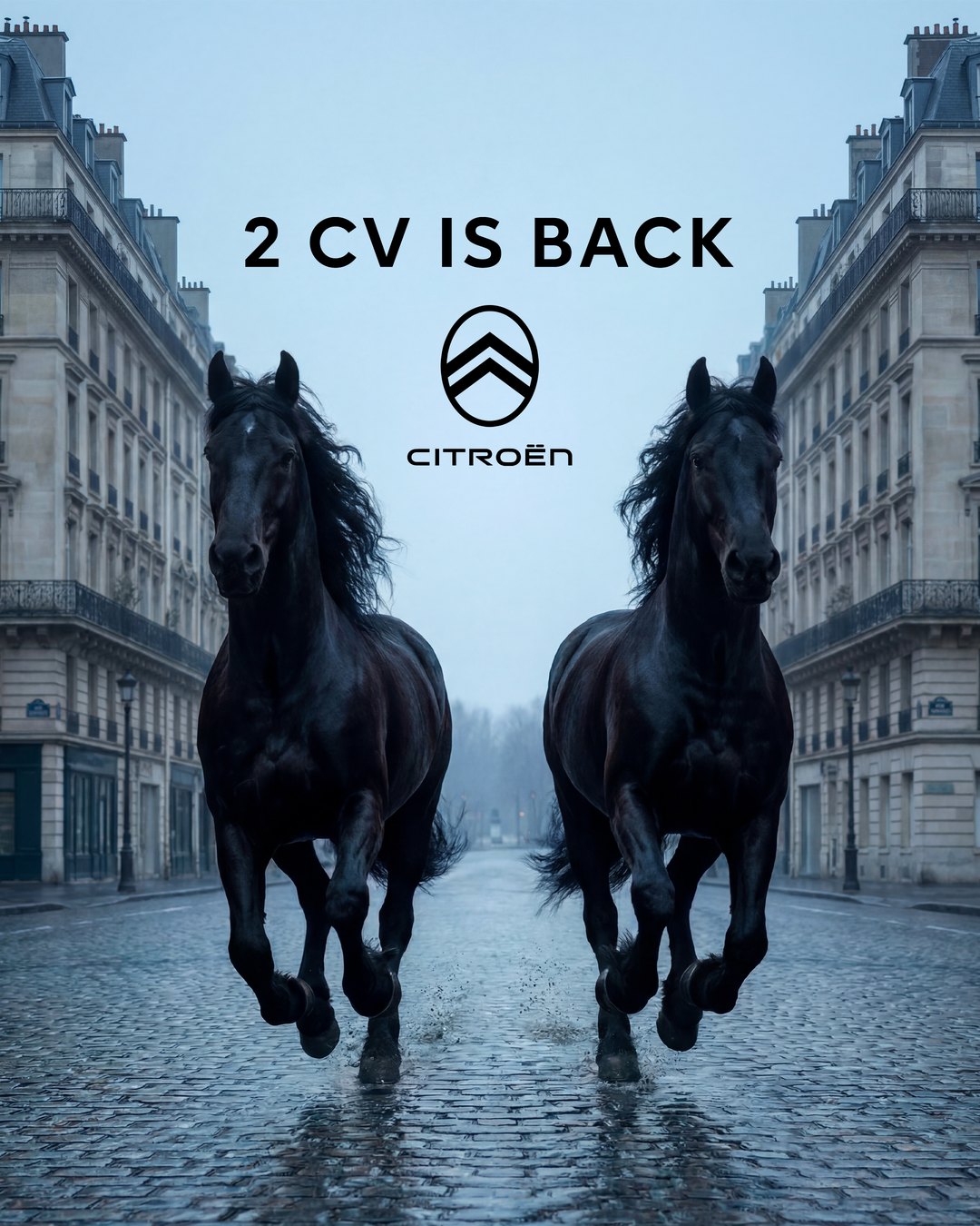 El teaser oficial desvelado por Citroën: dos caballos al galope por París, un guiño travieso al apodo del «dos caballos».