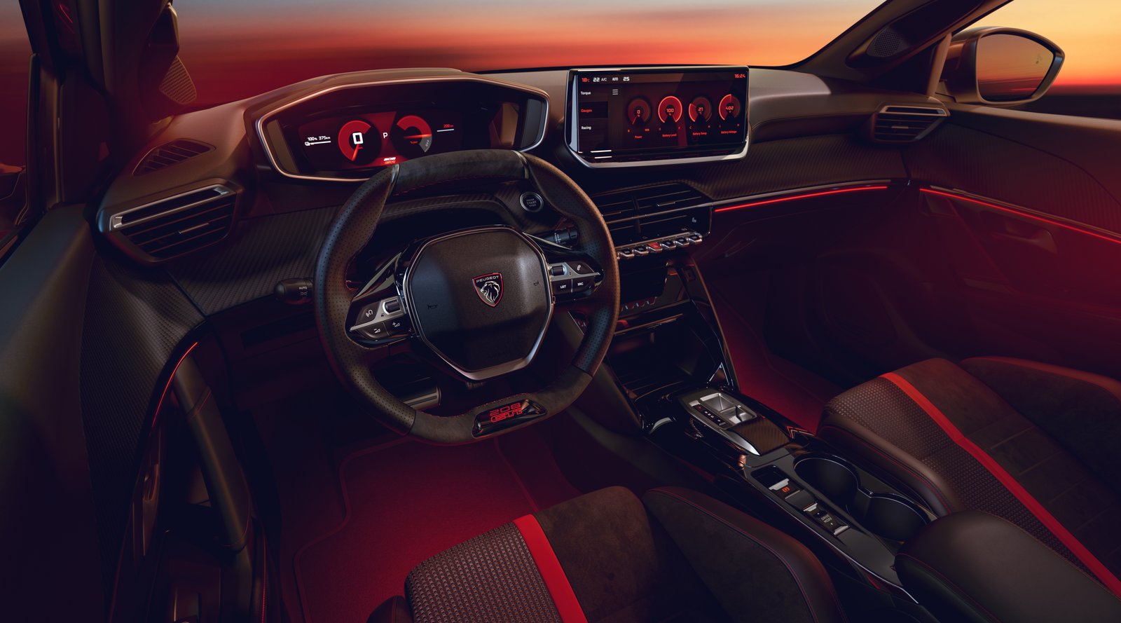 O posto de condução do E-208 GTi, com o pequeno volante i-Cockpit e os seus ecrãs digitais.