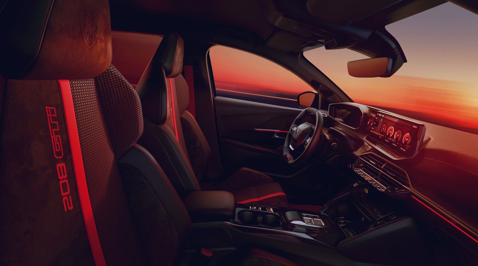 Os bancos individuais do E-208 GTi, bordados com o nome do modelo e realçados com um debrum vermelho.